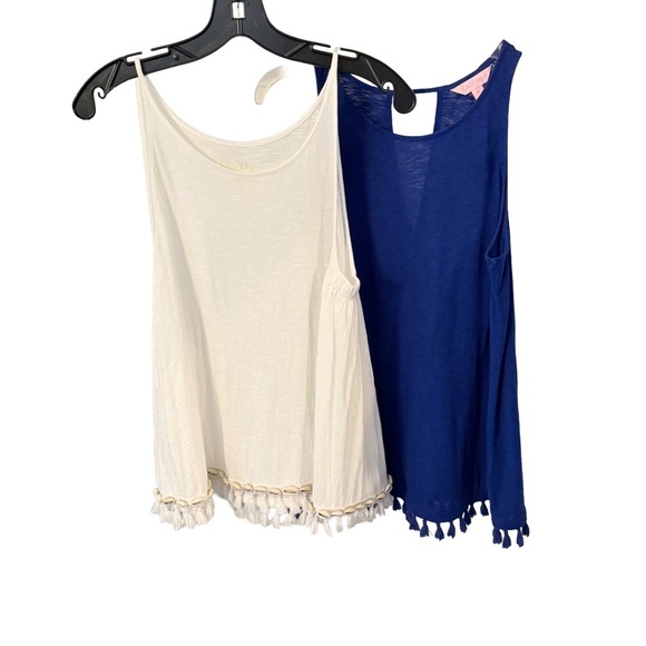 Lilly Pulitzer LOT OF 2 Tops Sleeveless 1- White 1- Blue Fringe Trim Sz M - Picture 1 of 16